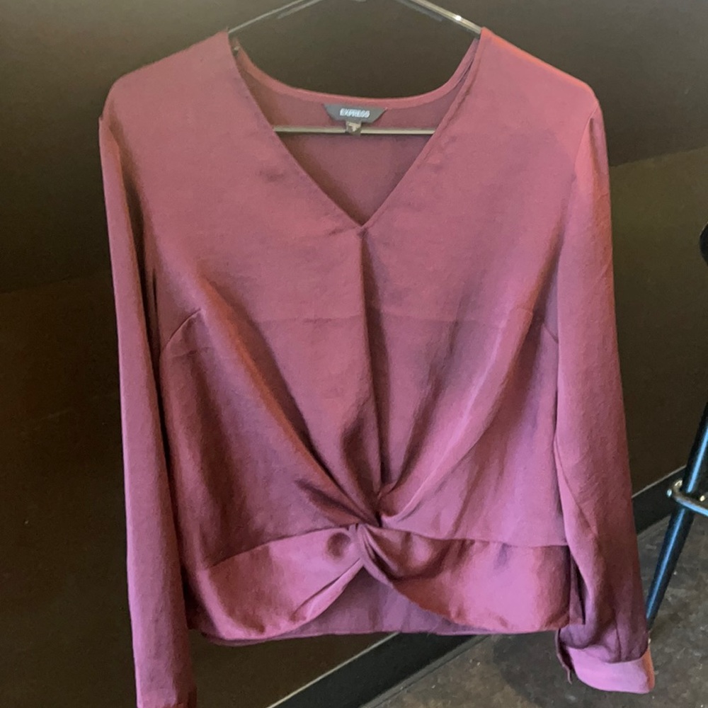 Express medium maroon blouse v neck with knot front silk material